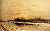 Winter An Orchard Alongside A Canal With A Farmhouse In The Distance At Dusk by Louis Apol